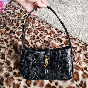 Saint Laurent Black Croc-Embossed Shoulder Bag with Gold YSL Accent